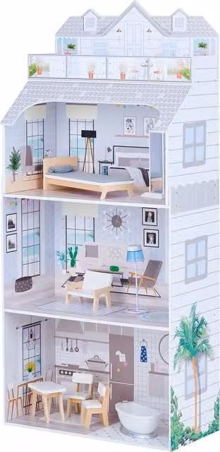 Olivia's Little World 3-Story Wooden Dollhouse in Grey and White for 12 inch Dolls