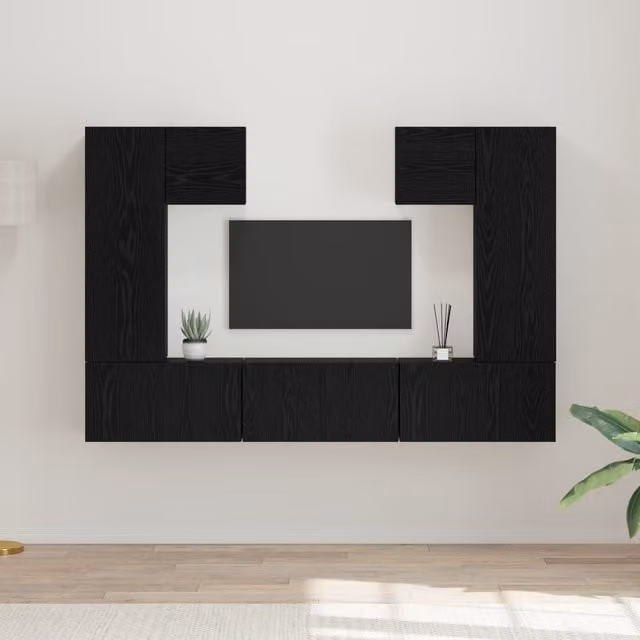 Berkfield Home 7-Piece Modern Wall-Mounted TV Cabinet Set in Black Oak with Hinged Doors and Shelving – 1