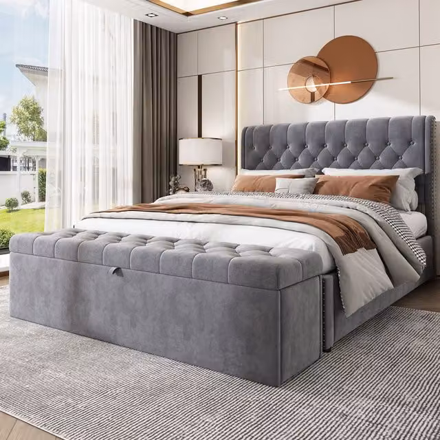 Matteo Double Upholstered Velvet Bed in Grey with Hydraulic Lift-Up Base – 1