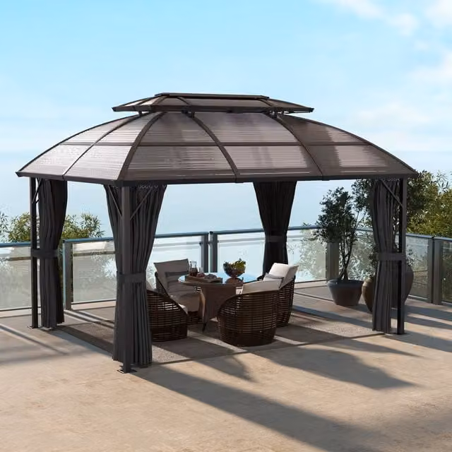 Outsunny Modern Double Roof Polycarbonate Gazebo in Brown and Grey