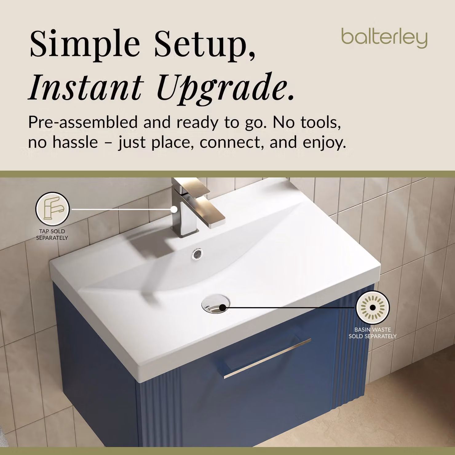 Balterley Wall Hung 1 Drawer Vanity Unit with Thin-Edge Basin, Satin Blue, W: 60 cm, D: 37.7 cm, H: 60 cm – 3