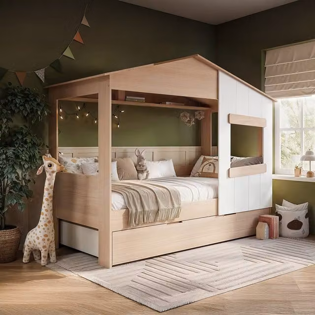 Dreamland Flair Childrens House Bed with Trundle and Drawers in Oak Brown