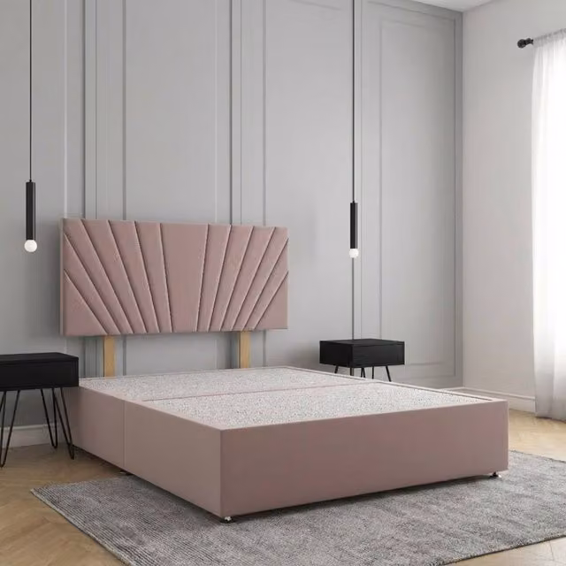 Regional Furnishings King Size Plush Velvet Divan Bed Base with 24 Inch Headboard in Pink, W/D/H: 180 x 200 cm