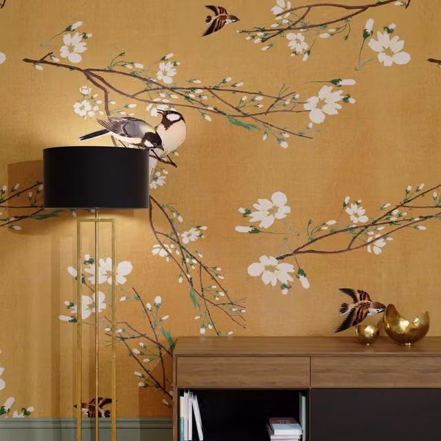 Superfresco Easy Birds & Blossom Ochre Print To Order Floral Wall Mural in Yellow, W: 300 cm, H: 280 cm