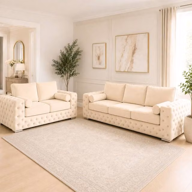 Stratus Interiors Ashley Full Back Chesterfield Upholstered Fabric 2 and 3 Seater Sofa Set in Beige – 1