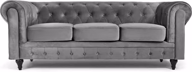 Bravich Chesterfield Scroll Arm Velvet Sofa in Grey
