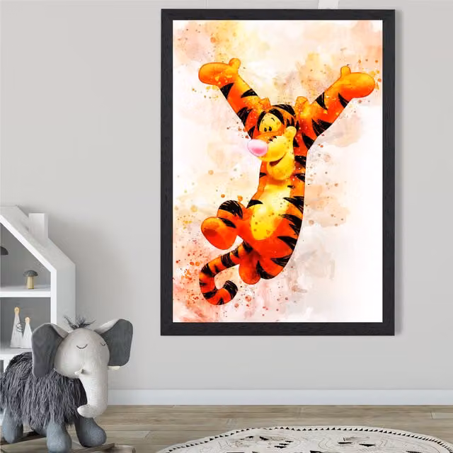 ARTZE Tigger Watercolour Winnie the Pooh Art Print with Black Frame, Orange, A2 – 1