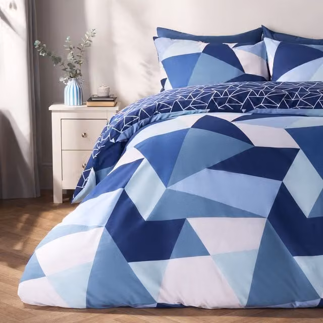 OHS Navy Blue Geometric Shapes Reversible Duvet Cover and Pillowcase Set, Double, W: 200 x L: 220 cm, Pillowcase W: 140 x L: 200 cm