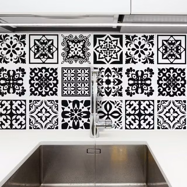Walplus Black Adhesive Geometric Square Wall Tile Stickers, 24 Pack, W: 15 cm x H: 15.5 cm