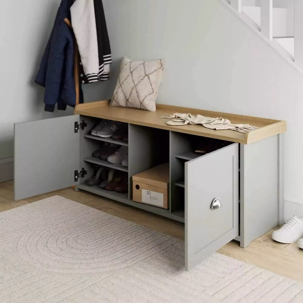 FORGEVIO Modern Grey 2 Door Shoe Bench with Internal Shelves for Hallway Storage – 3