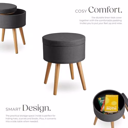 tectake Yara Round Storage Stool in Grey Fabric with Beech Legs, W/D/H: 45.5 x 42.5 x 42.5 cm – 5