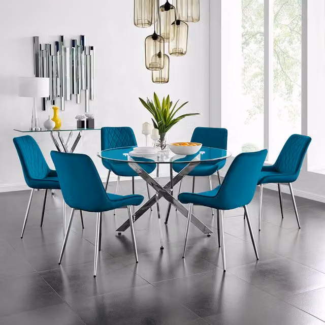 FurnitureboxUK Novara Round Glass Dining Table and Six Pesaro Blue Chairs with Silver Legs, Diameter: 120 cm