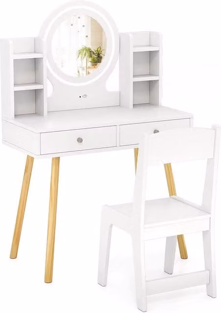 Costway Kids Princess Vanity Desk Set with LED Lighted Mirror in Pink and White