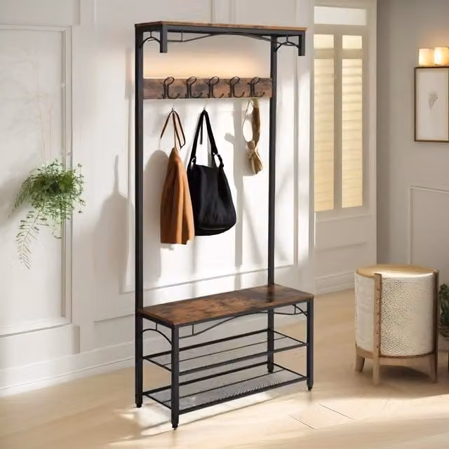 Pirlo Plush Industrial Hall Tree with Shoe Storage Bench in Brown and Black, H 178.5 x W 100 x D 40 cm