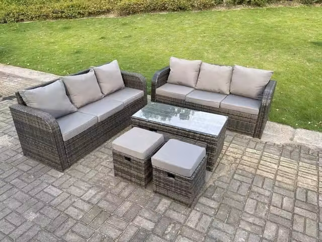 Fimous 8 Seater Rattan Garden Furniture Set with 3 Seater High Back Sofa and Rectangular Coffee Table in Dark Grey