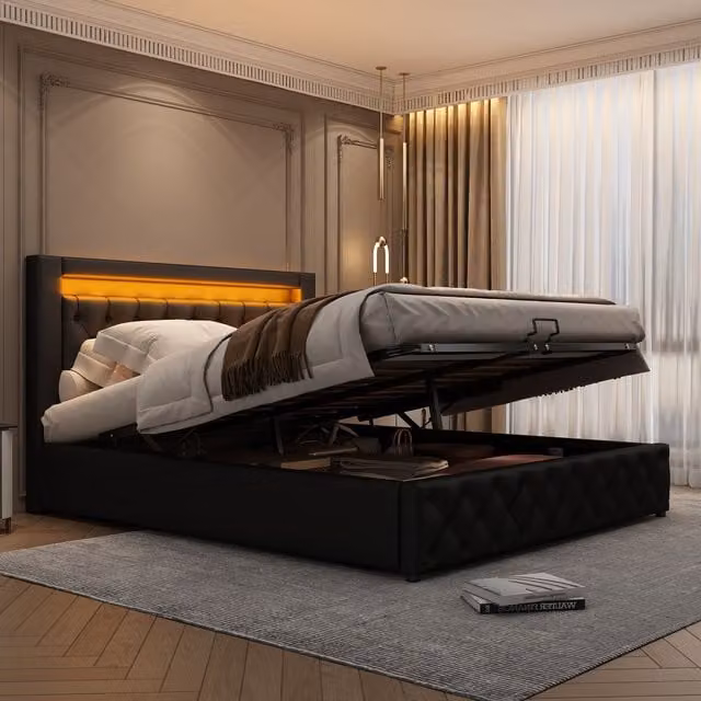 Matteo Upholstered Bed with Slatted Frame, Lift-Up Storage and LED Lighting, Black and Beige W/D/H: 135 x 190 cm