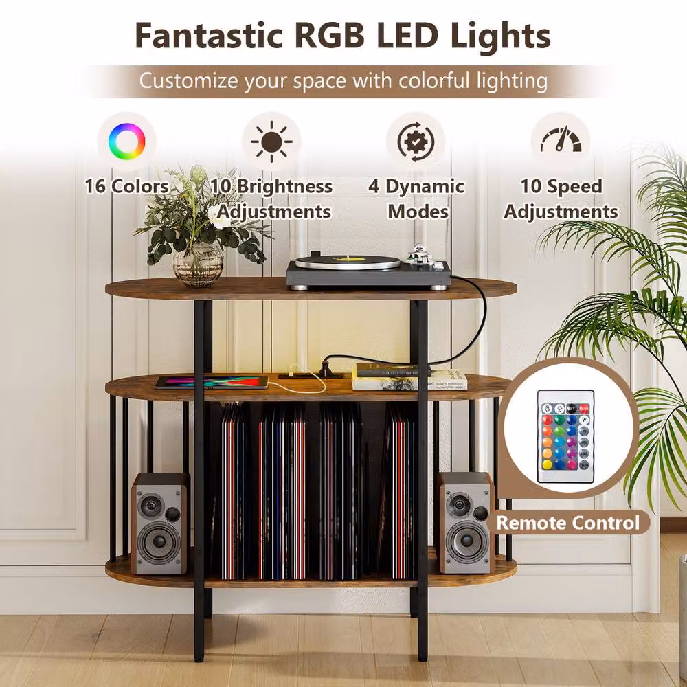Gymax Large Record Player Stand with LED Lights in Brown – 6