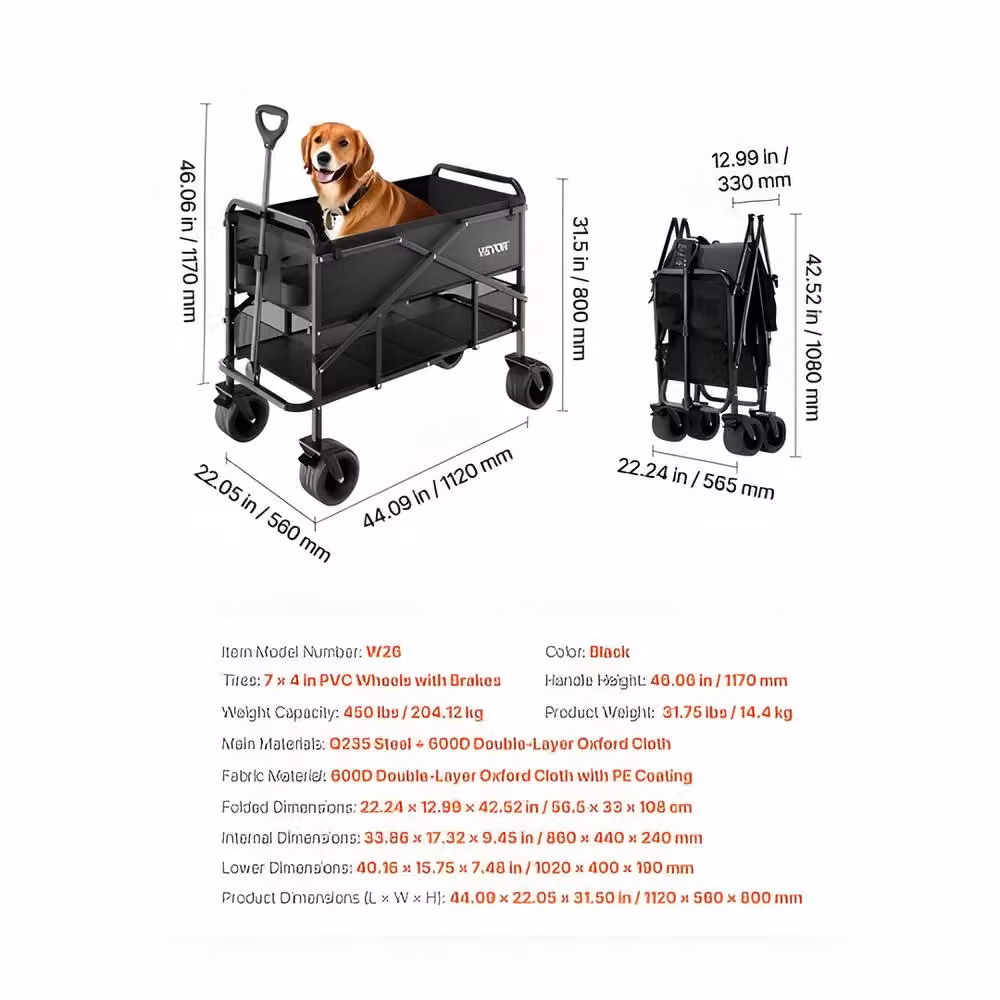 VEVOR Heavy Duty Folding Wagon Cart with All-Terrain Wheels in Black Steel – 5