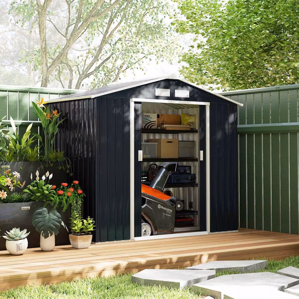 Rolipo Metal Garden Shed in Dark Grey with Foundation Kit and Double Doors – 4