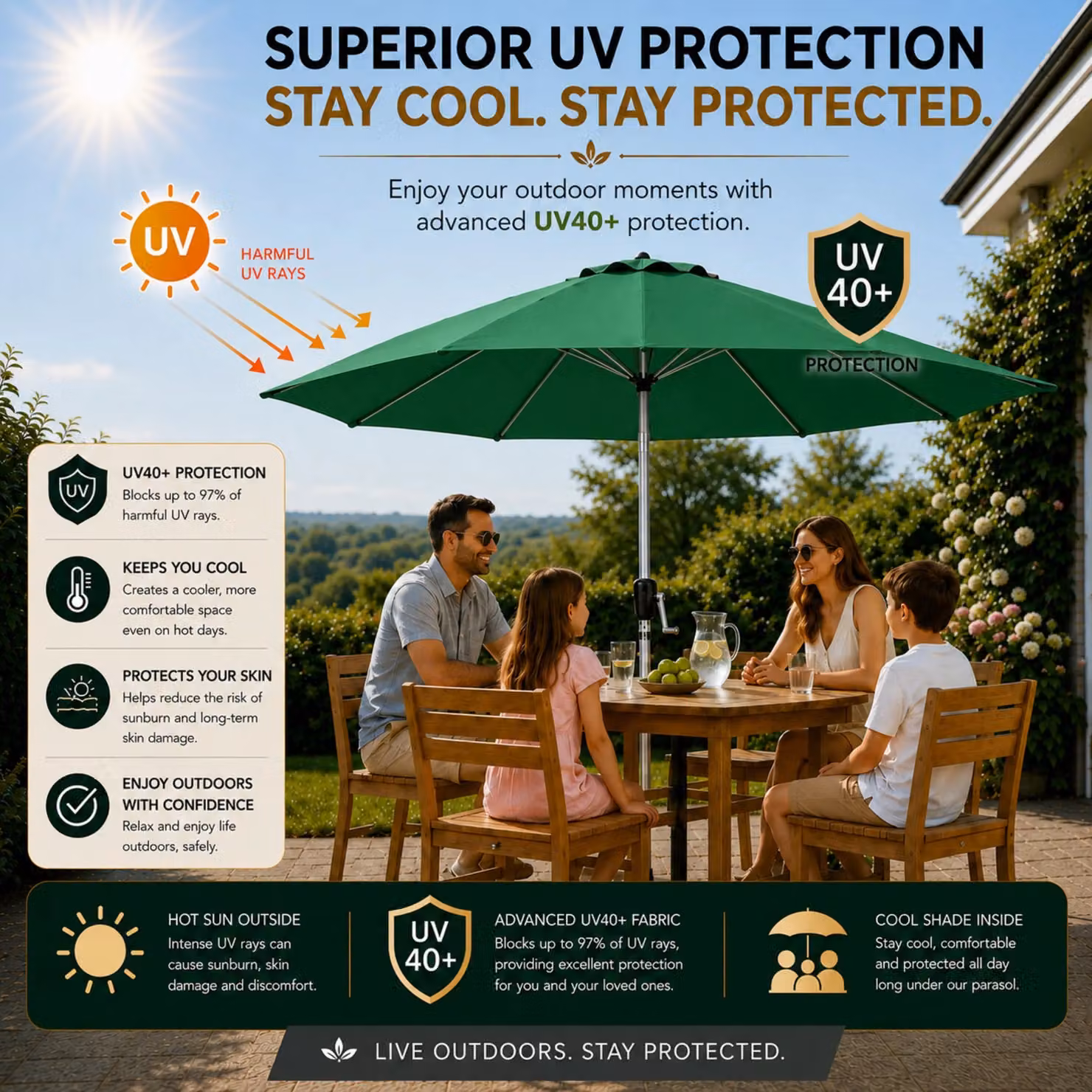 Glamhaus Green Garden Table Tilting Parasol with Crank, Waterproof Aluminium Umbrella, H 270 cm x W 235 cm – 4