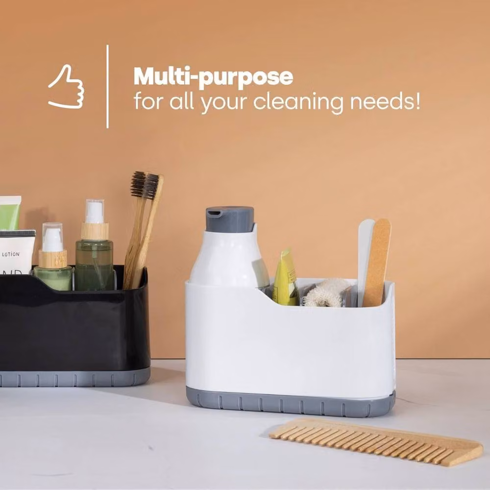 NESTLUNE White Plastic Bathroom Sink Caddy with Soap Pump, Sponge Compartment and Drainage – 4