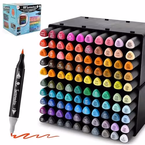 Decotime 100 Pack Multicolour Twin Alcohol Brush Ink Markers with Stackable Deco Tray – 1
