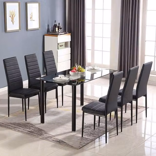 Kosy Koala Modern Rectangular Black Glass Dining Table with 6 Faux Leather Chairs