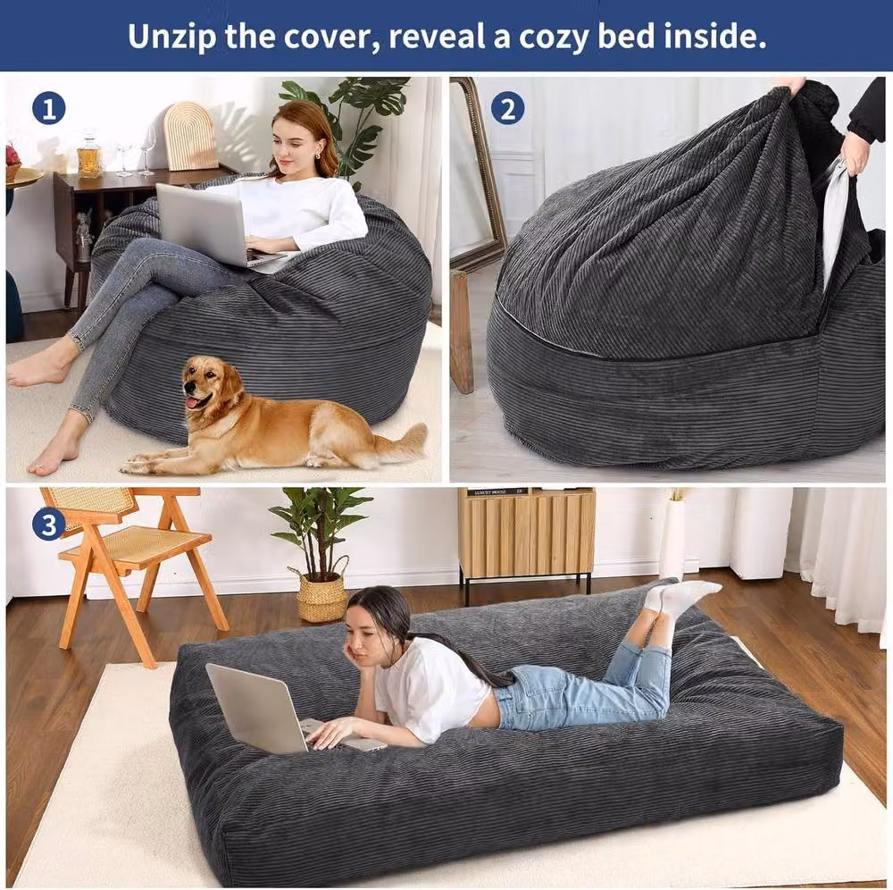 London Boutique 2-in-1 Convertible Bean Bag Chair and Memory Foam Sofa Bed in Dark Grey, W/D/H: 203.2 x 121.92 x 68.58 cm – 4