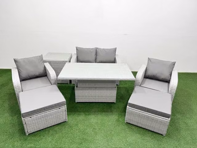 Fimous 6 Seater Grey PE Wicker Rattan Garden Furniture Set with Upholstered Cushions, 2 Seater Sofa, Lounge Armchair, Coffee Table and Ottomans