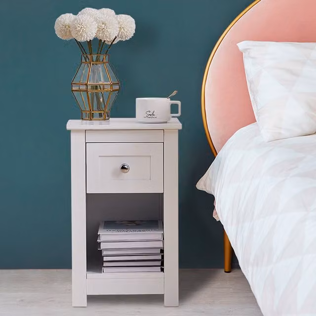 Livingandhome Slim Nightstand Side Table with Shelf and Slide Drawer, White