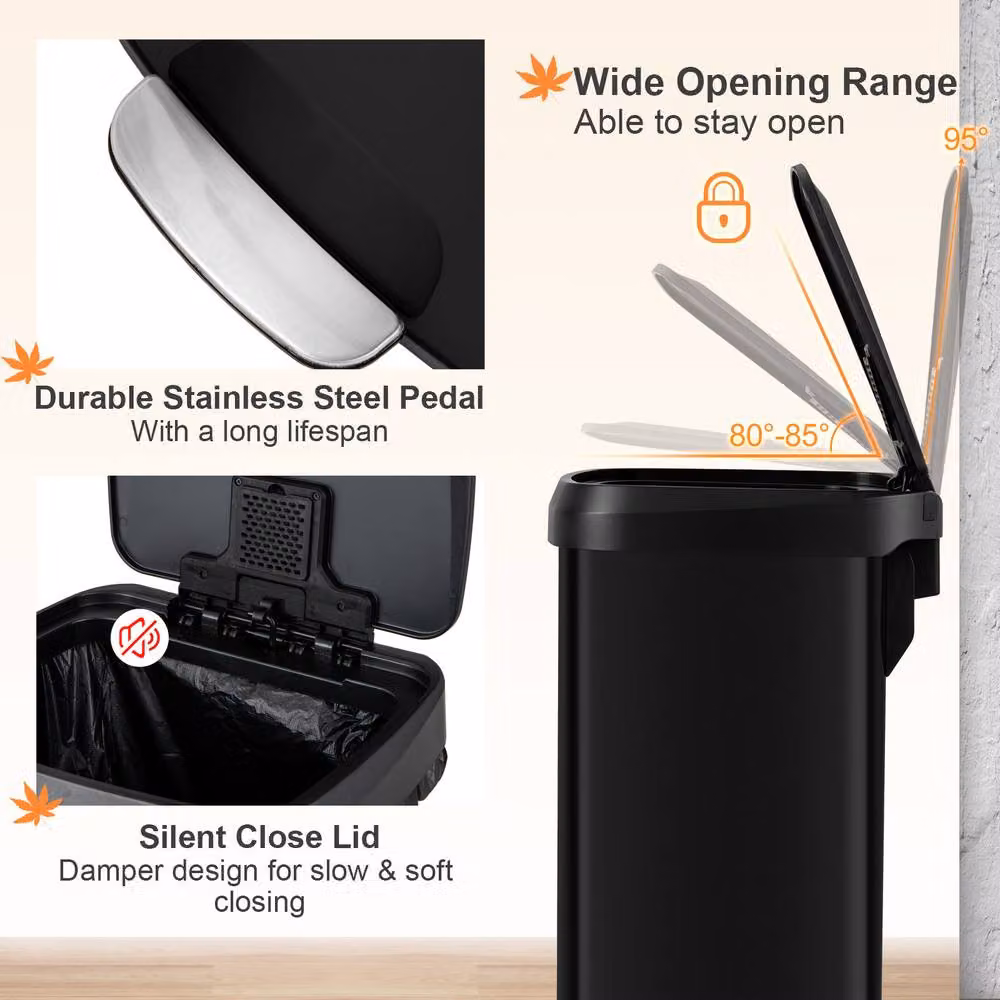 Costway 50L Stainless Steel Step Trash Can with Soft Close Lid and Odour Filter, Black – 6