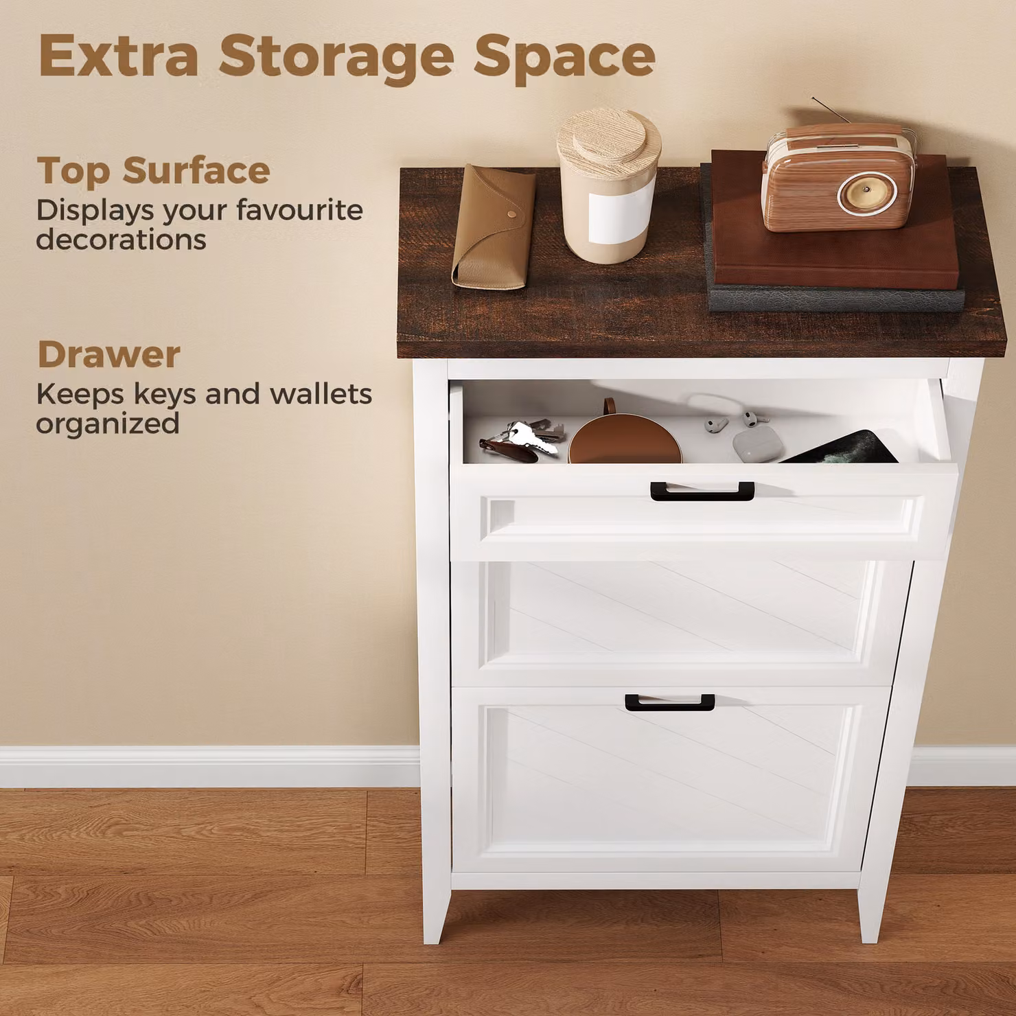 HOMCOM White Farmhouse Shoe Cabinet with 2 Tilting Compartments and Internal Shelves – 4