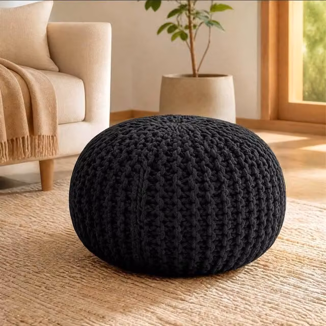 Bravich LTD Chunky Knitted Cotton Pouffe Footstool in Black, Diameter: 50 cm