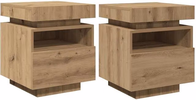 Berkfield Home Artisan Oak Decorative Bedside Cabinets with Integrated LED Lights, Set of 2, Brown, W/D/H: 39 x 48.5 x 39 cm – 1