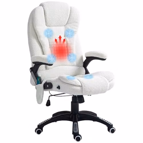 Vinsetto White Bouclé Fabric Massage Office Chair with Lumbar Heating and Headrest, W/D/H: 74 x 76 x 120 cm