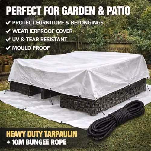 SolaDirect White Heavy-Duty Waterproof Tarpaulin with Aluminium Eyelets and Black Bungee Rope, 4 x 5 m – 2
