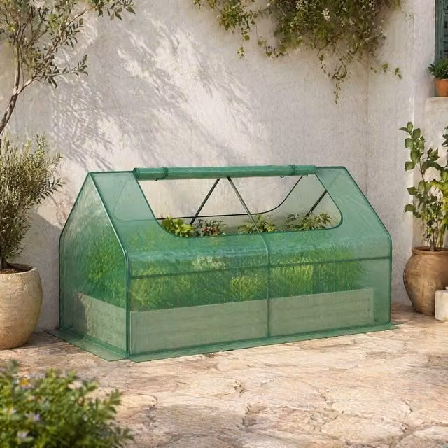 STILVORA Raised Garden Bed with Greenhouse Cover in Green, Steel and Plastic