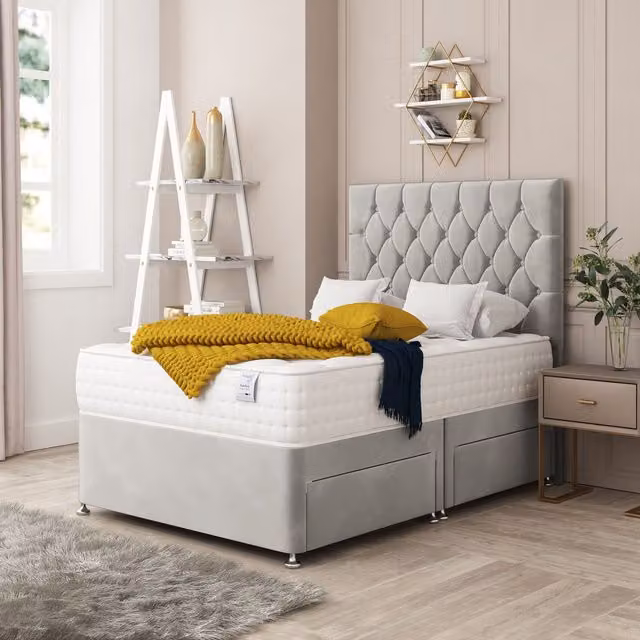 Bed Choices Monaco King Size Upholstered Velvet Bed Set with Mattress and Headboard in Silver, W/D/H: 180 x 200 cm