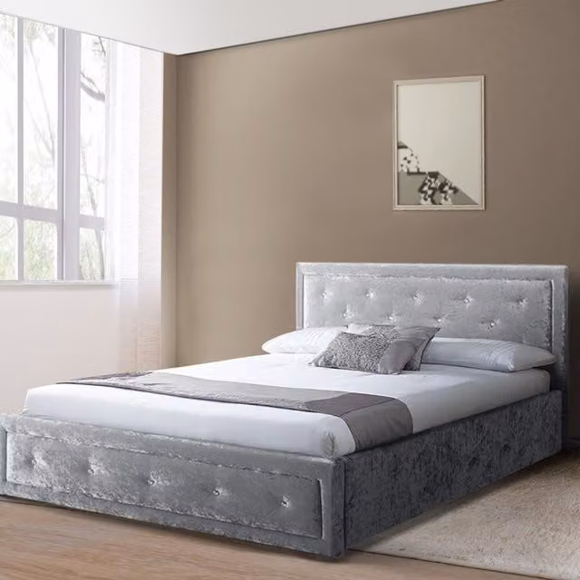 Comfy Living Diamante Velvet Ottoman Bed Frame with Lift Up Base in Silver or Grey, W/D/H: 180 x 200 cm