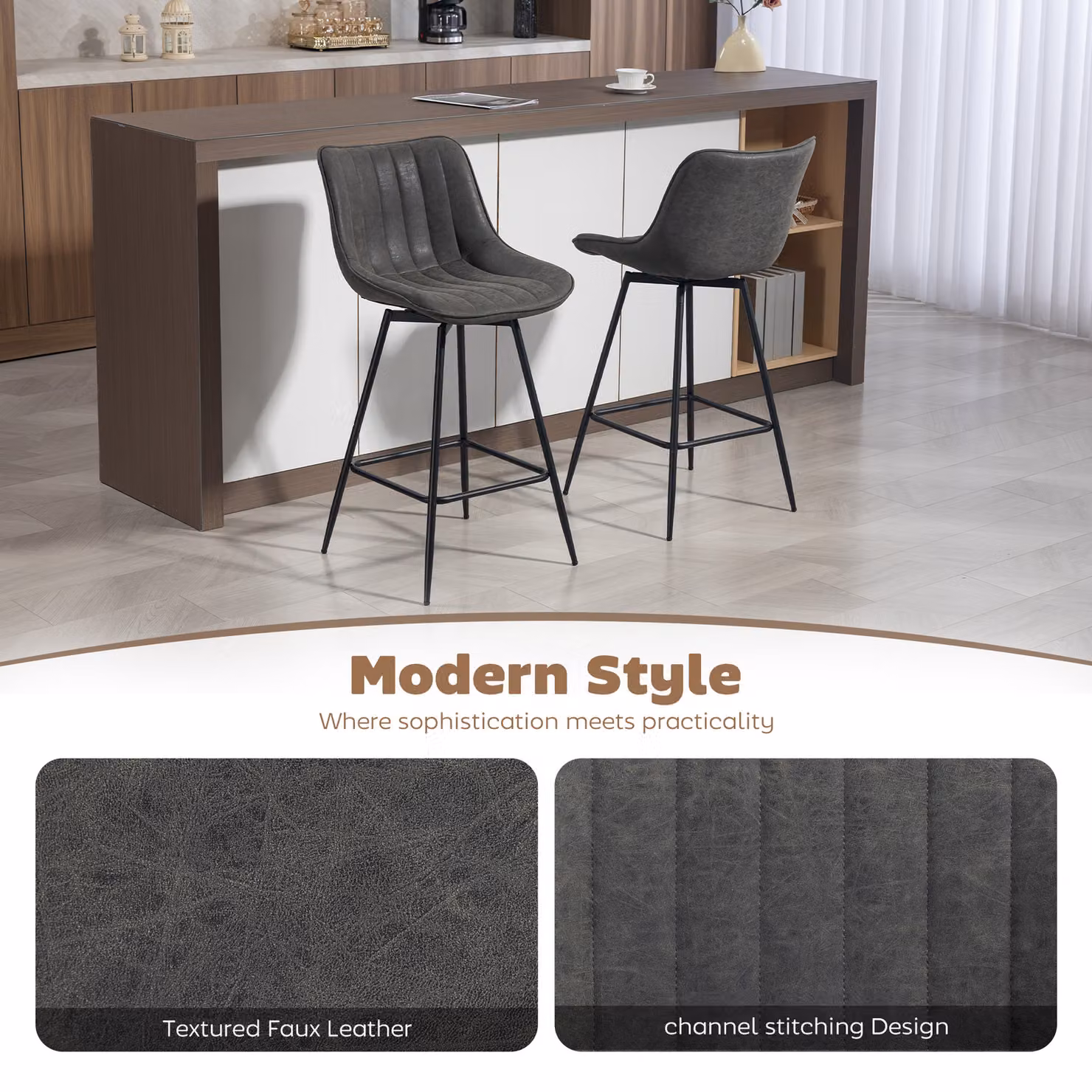 HOMCOM Set of 2 Grey PU Leather Swivel Bar Stools with Metal Legs – 4