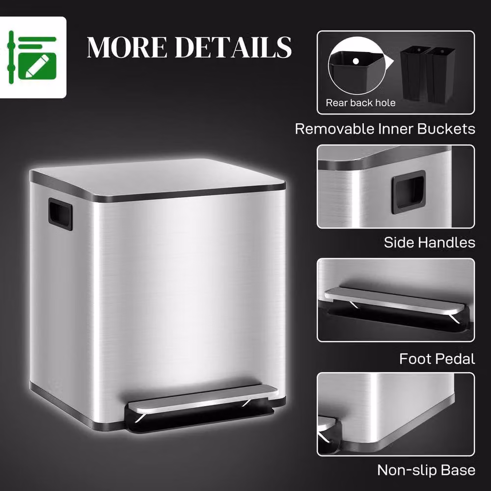 STILVORA Dual Compartment Stainless Steel Kitchen Bin with Pedal Lid and Soft Close Mechanism, Silver – 7