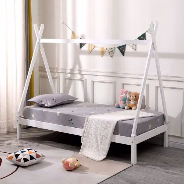 SlumberWorx Harry Kids Wooden Teepee Tent Single Bed Frame in White