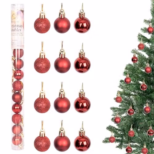 Shatchi 12-piece set of red and silver round plastic Christmas bauble hanging decorations, Diameter: 3 cm – 4