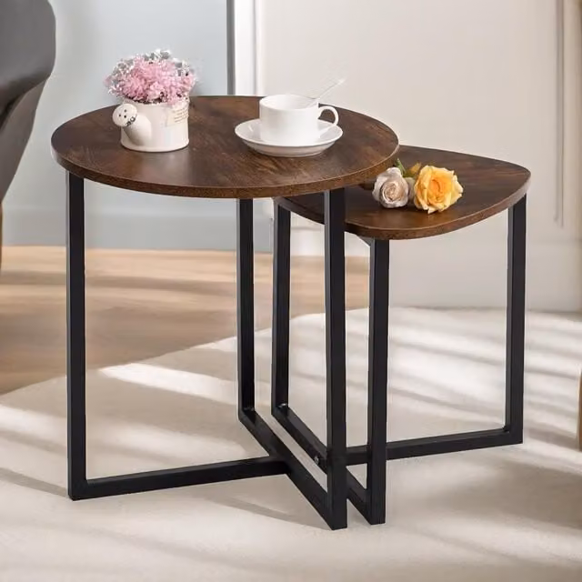 Pirlo Plush 2-Piece Nesting Tables in Industrial Rustic Brown with Round Wood and Metal Tops – 1