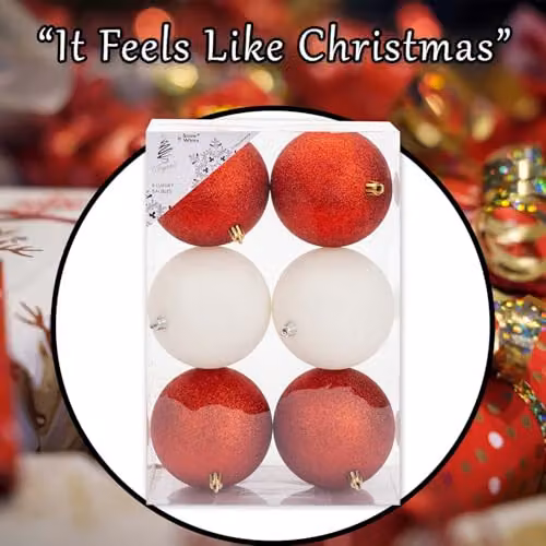 VFM e-Store Set of 6 Round Christmas Bauble Hanging Tree Ornaments in Red and White, 10 cm – 7
