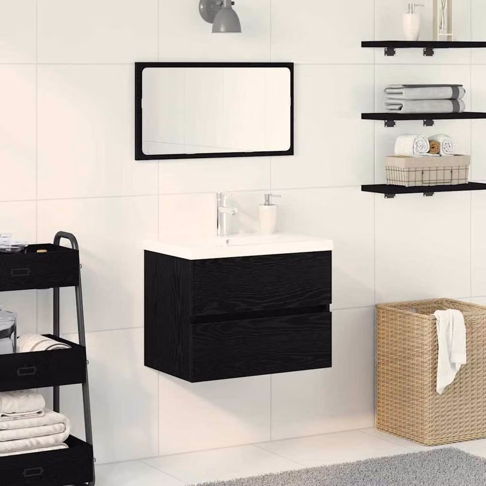 Berkfield Home Modern Black Oak Sink Cabinet with Built-in Basin in Matt Engineered Wood – 2