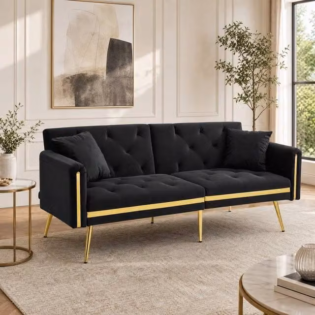 STILVORA 2-Seater Velvet Sofa Bed in Black with Adjustable Headrest and Cup Holders – 1