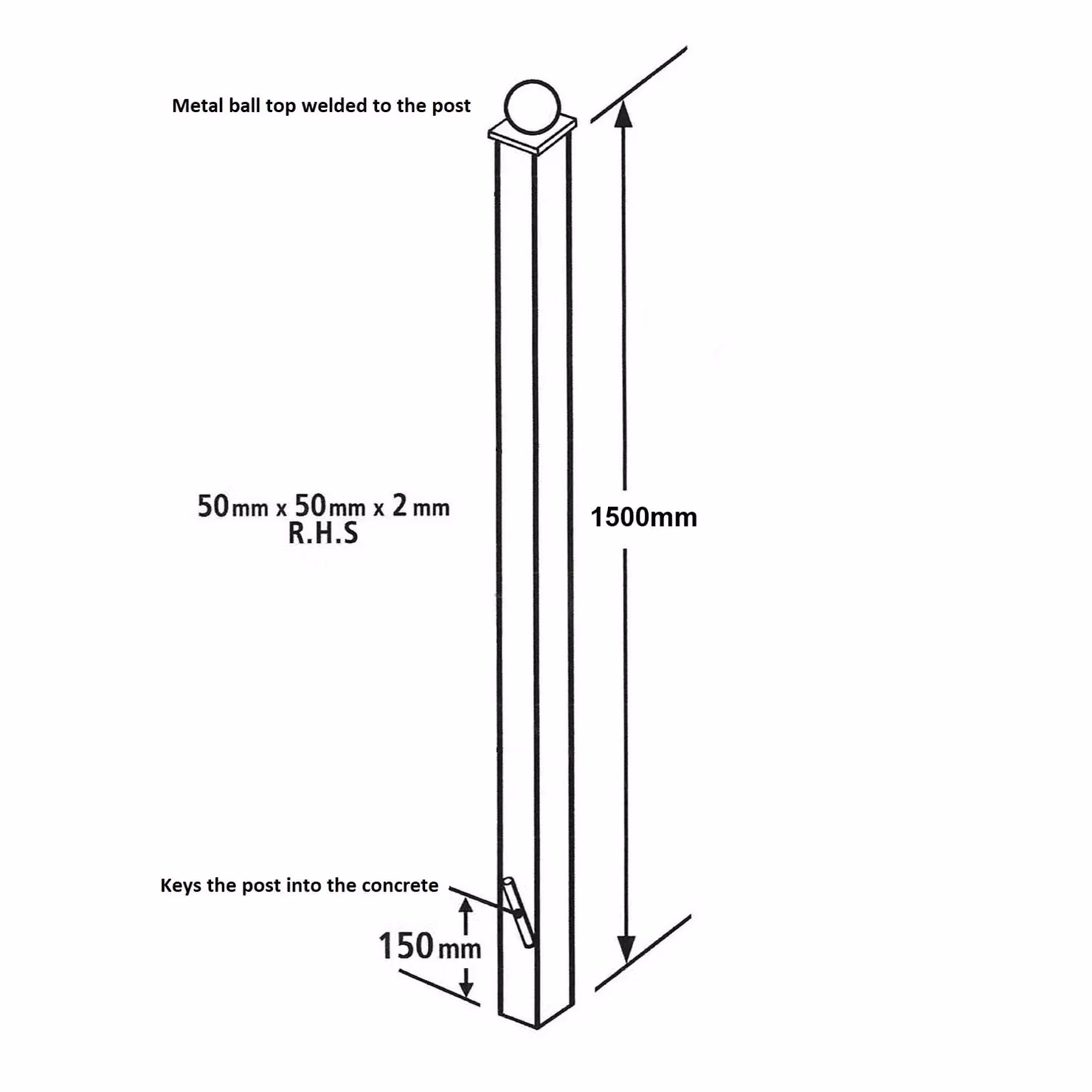 Burbage Iron Craft Square Ball Top Concrete-In Blank Post for Low Gates, Black, H x W x D: 150 x 5 x 5 cm – 2