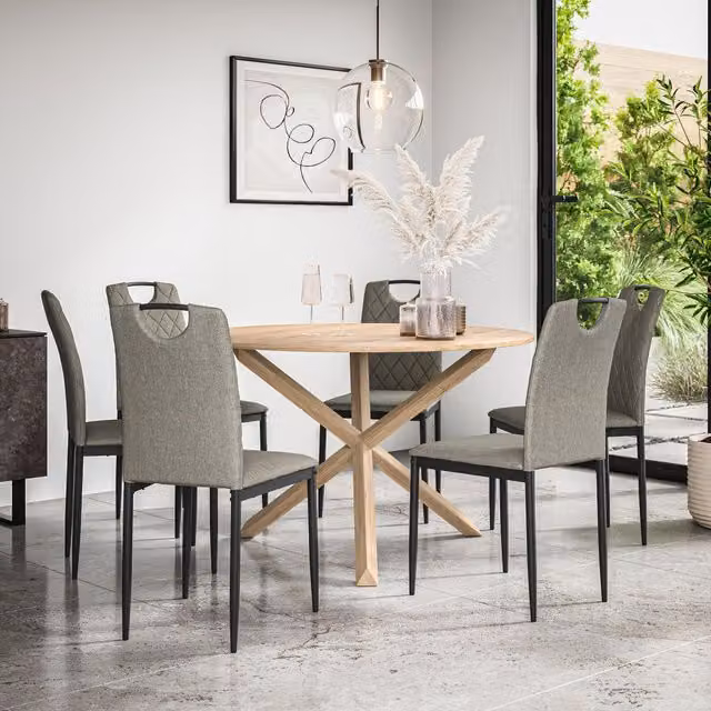 More4Homes Malvern Round Dining Table and 6 Monza Fabric Chairs Set, Oak Top with Solid Oak Legs and Grey Chairs, Diameter: 120 cm, Height: 75 cm