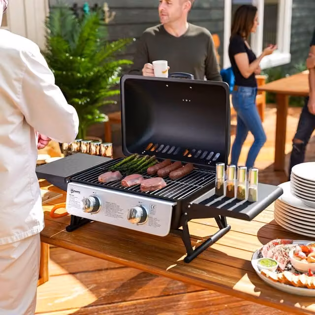 Outsunny Portable Tabletop Gas Barbecue Grill with Folding Tables, Black